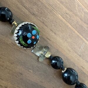 VTG Handpainted Beaded Necklace Black with Flowers Made in Japan 23” in Length